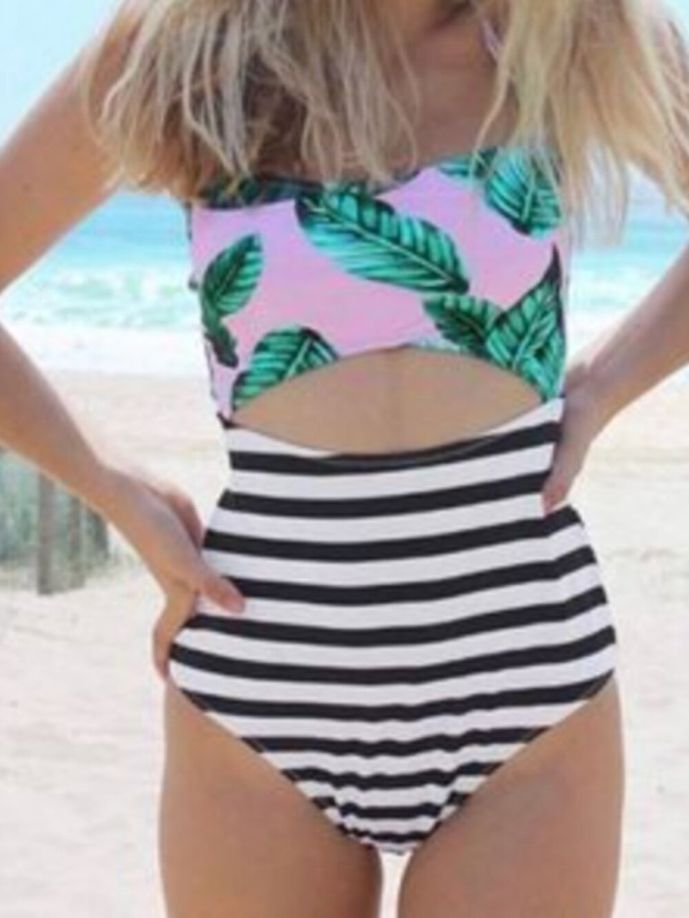 Cupshe Palm & Stripe Cutout One-Piece Swimsuit Size M Pink Tropical Tie-Front